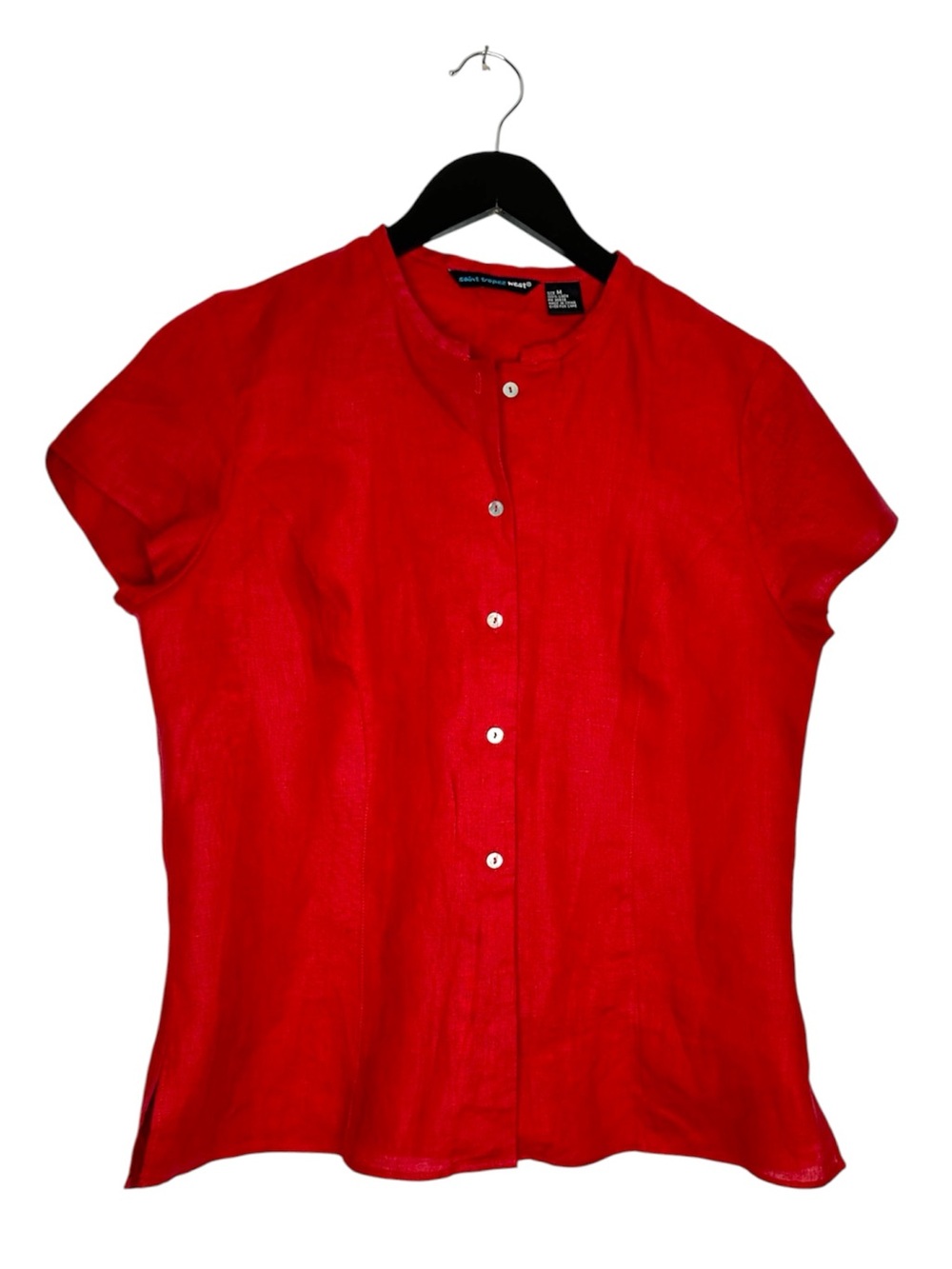 Saint Tropez West Red Linen Blouse Button Front Short Sleeve Summer Top Medium